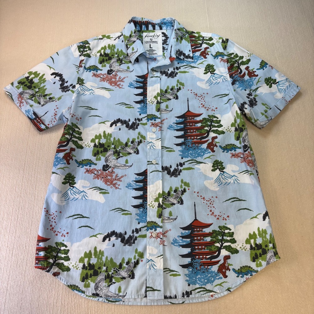 Firefly LootWear Limited Edition Mens Large Blue Japanese Dinosaur Button Shirt